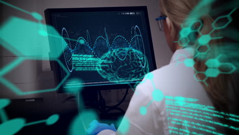 Animation of scientific data processing with molecules over female scientist using computer