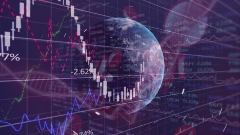 financial data and stock market graphs over earth in digital animation