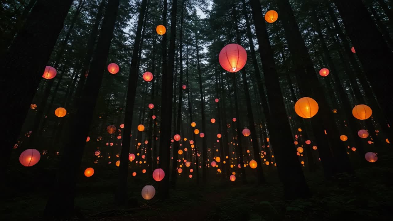 A Tranquil Evening in an Enchanted Forest Illuminated by Floating Lanterns Creating a Dreamy Atmosphere Filled with Mystery and Wonder