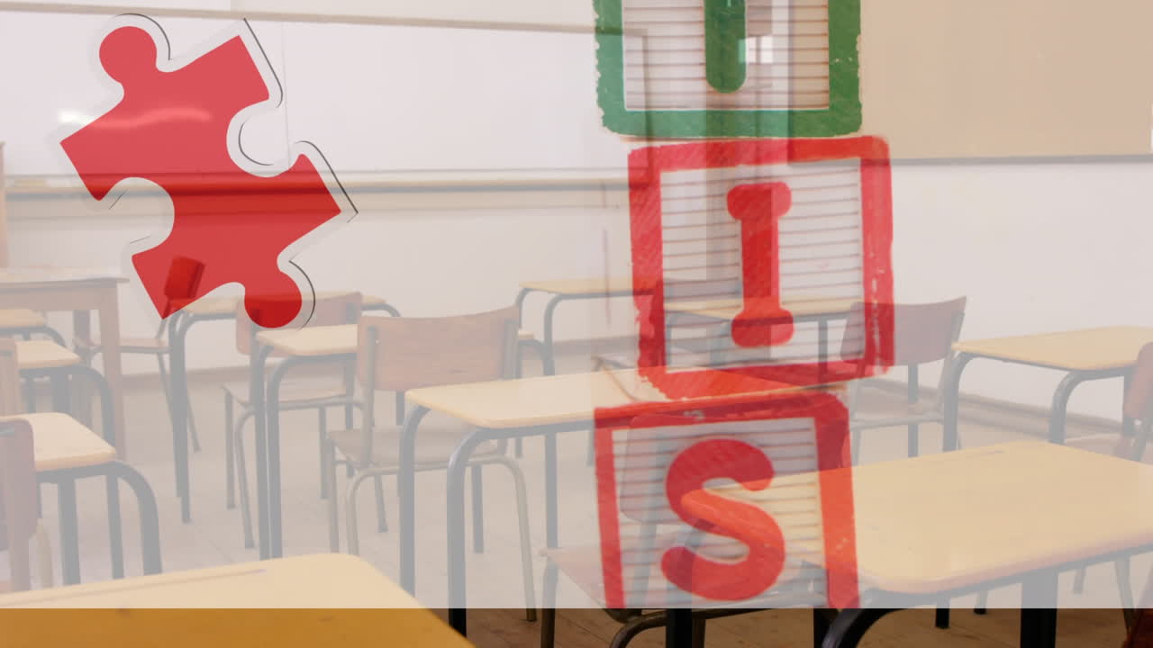 animación de rompecabezas cayendo sobre una pila de bloques de madera con texto de autismo y clase vacía en la escuela