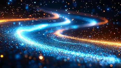 a blue and orange line of glitter is shown in the image. the glitter is scattered across the entire image, creating a sense of movement and energy