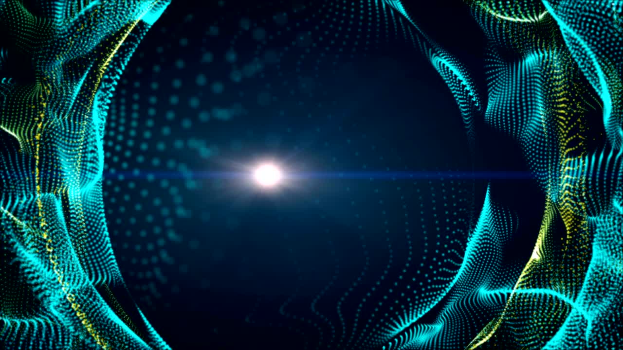 Dark green blue and glow particle circle abstract background with light ray effect.