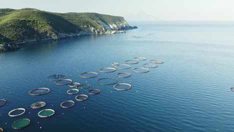 fish famrs in aegean sea, drone view.