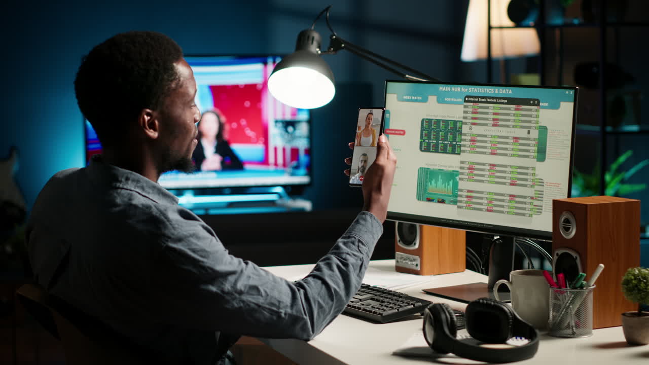 Economist on video conference chat with consultants analyze earnings balance