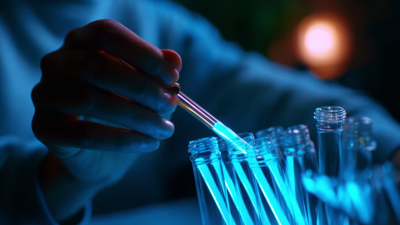 A person meticulously conducts a scientific experiment involving brightly illuminated test tubes and a pipette, showcasing precision and attentiveness in a vibrant laboratory setting