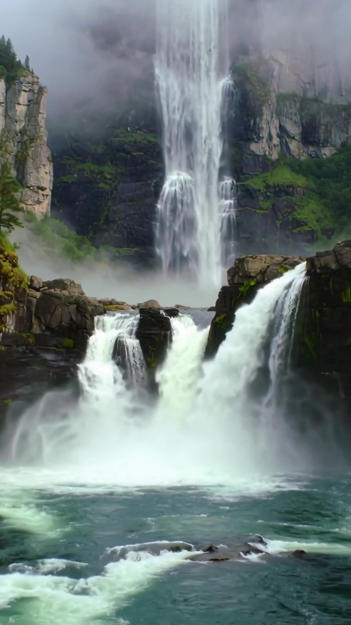Video verticale: Cascata che cade e alimenta una pozza in una gola tramite due cascate, creando nebbia.