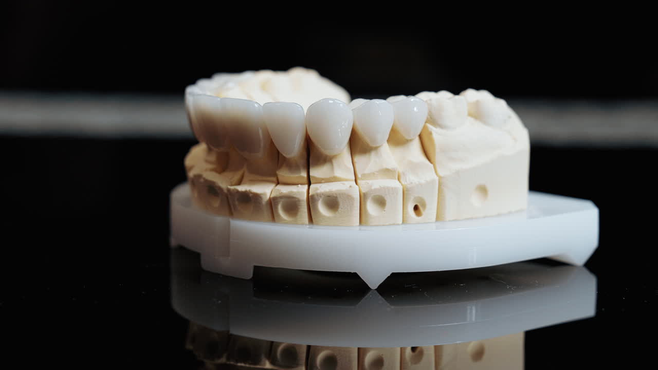 Porcelain veneers presented on a black backdrop, highlighting precision craftsmanship and clean aesthetics. Ideal visual for cosmetic treatment concepts, smile design, and modern clinic branding