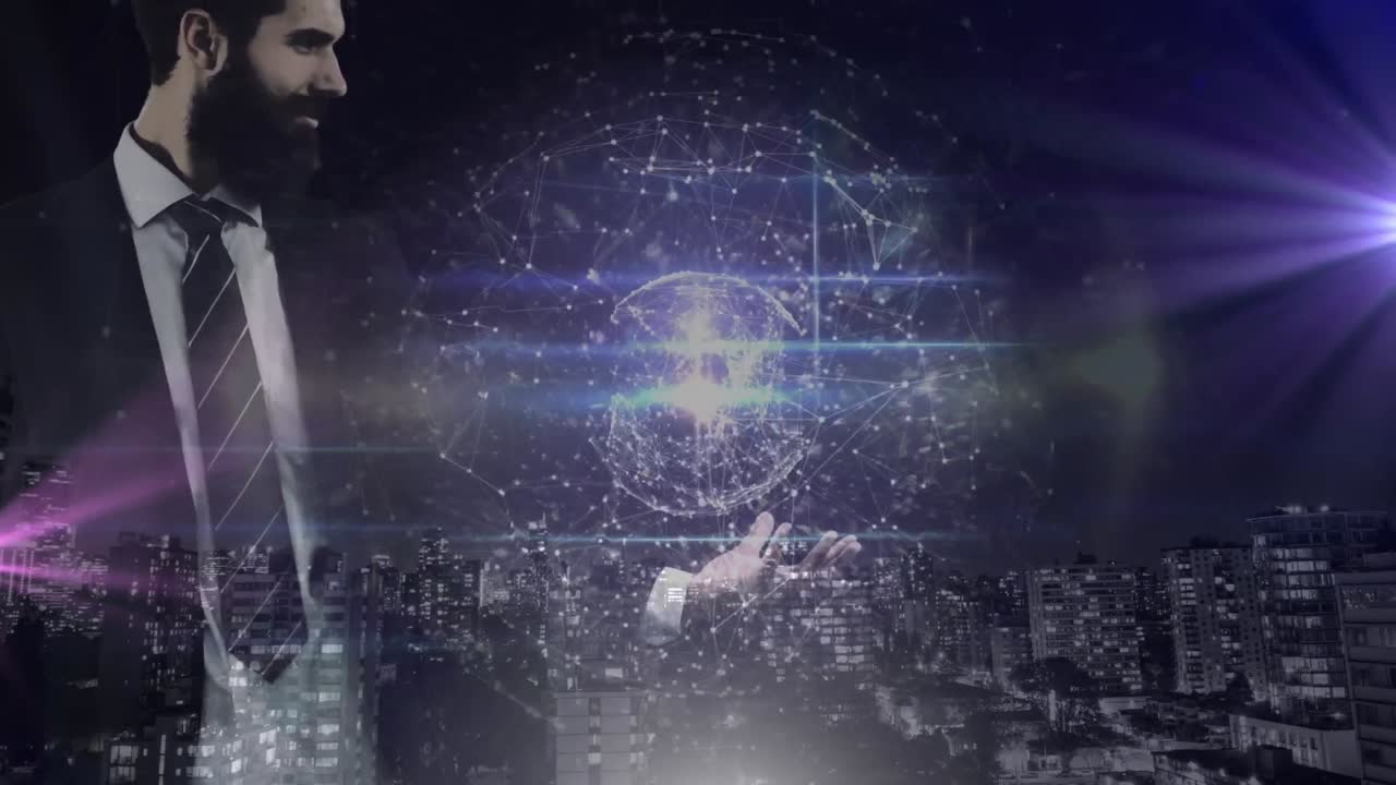 Animation of globe of network of connections over man's hand and cityscape