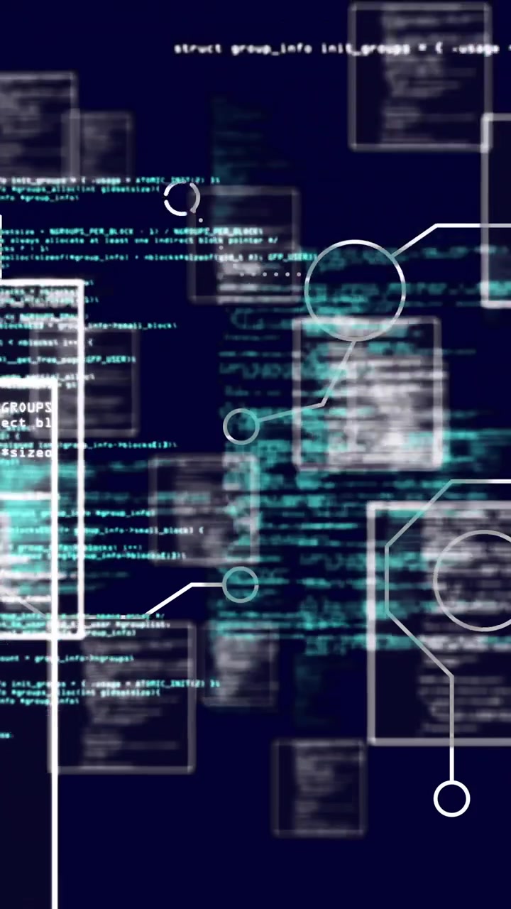 Programming code and data flow animation over dark background with interconnected nodes