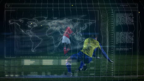 soccer player kicking ball with digital world map and data overlay animation