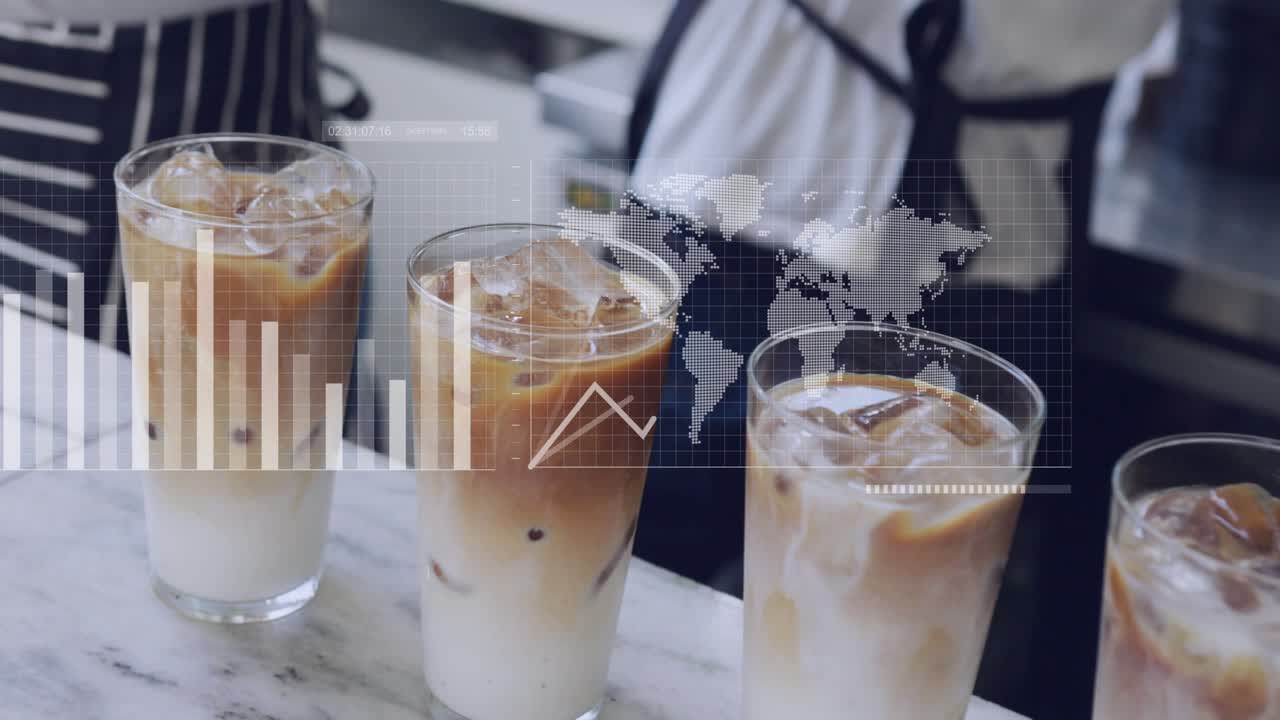 Barista placing iced coffees in coffee shop, activating line graph morphing into bar chart and map