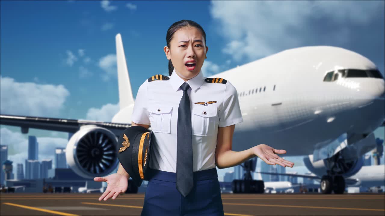 아시아 여성 조종사가 왜 그런지 궁금해하고 배경에 비행기가 있는 공항에서 의심스럽게 서 있습니다.