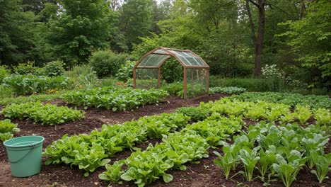 lush green vegetable garden with a greenhouse showcasing healthy lettuce growth in a serene natural setting