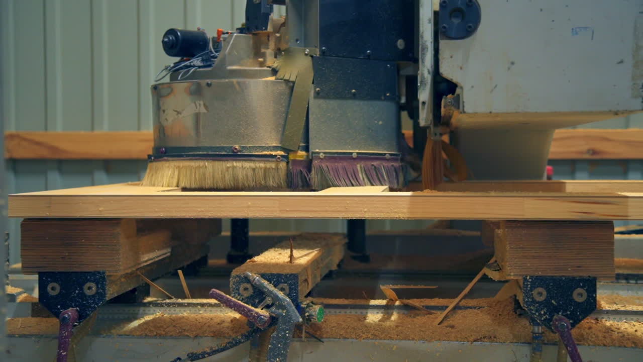 Massive automatic machine moves along the door billet. Automated equipment at door producing factory.