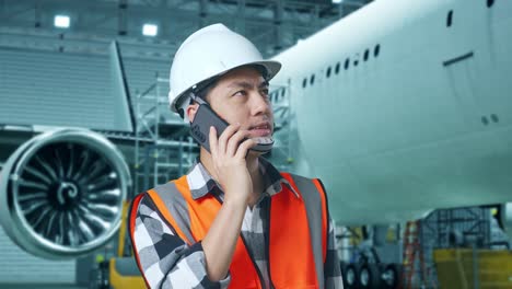 ingeniero de mantenimiento de aeronaves hablando por teléfono.