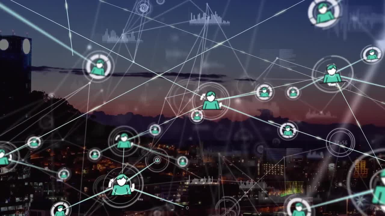 animación de la red de conexiones con iconos y procesamiento de datos sobre el paisaje urbano