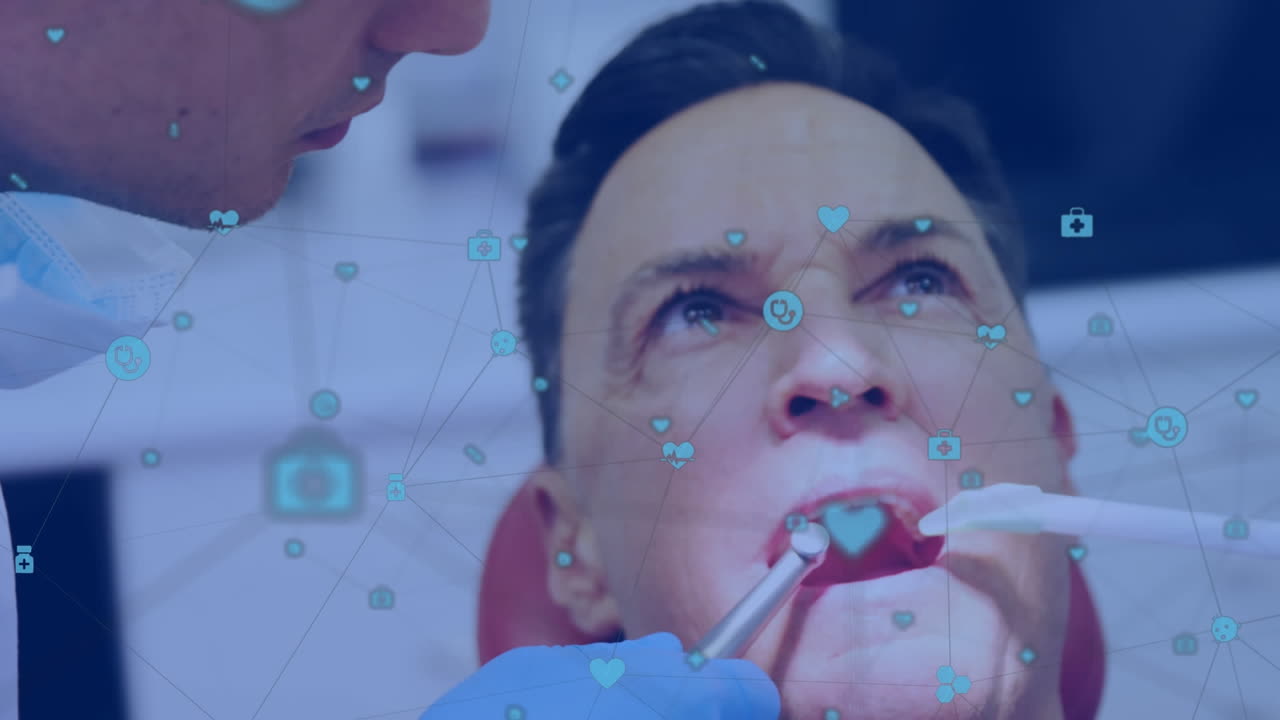 백인 남성 치과의사와 남성 환자에 대한 아이콘과 연결 네트워크의 애니메이션