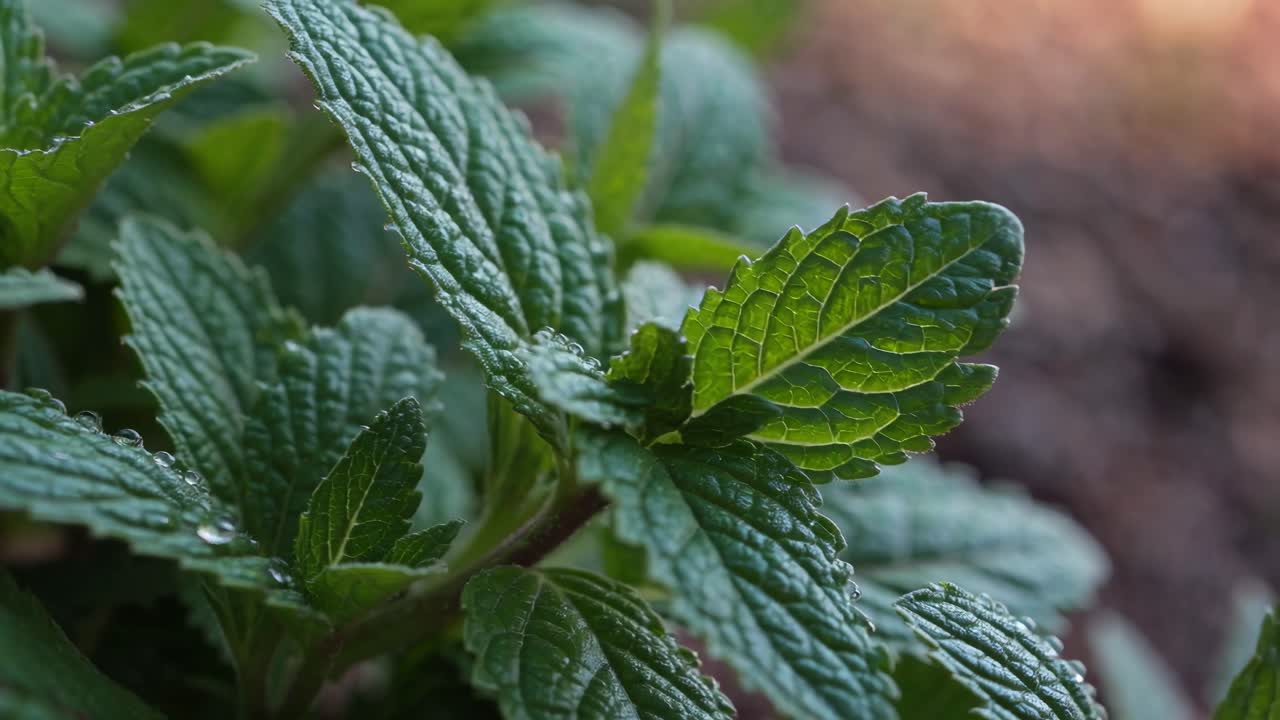 Close-up video of dewy green leaves, shot from a low angle