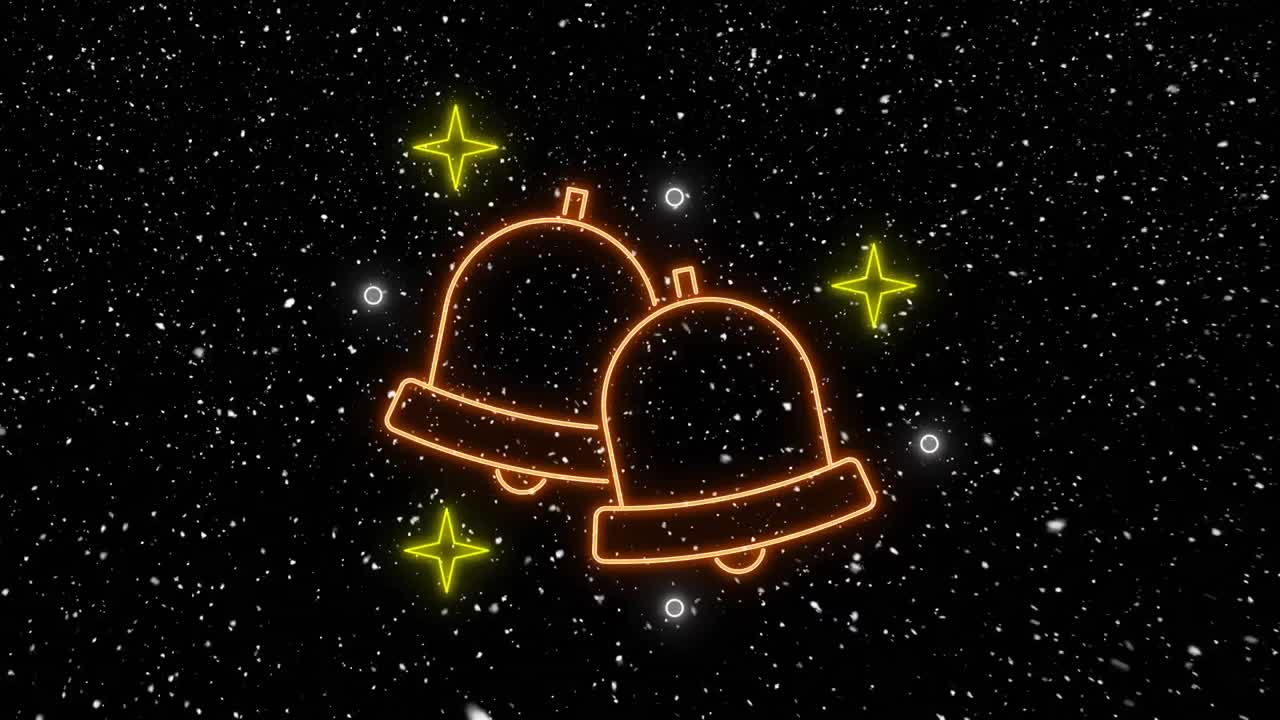 크리스마스 에 검은색 배경 에 내리는 눈 위 에 네온 종 의 애니메이션