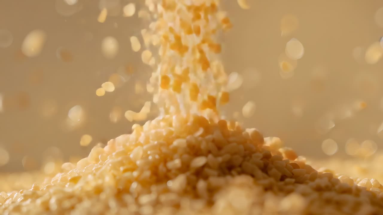 Un getto centrale di grani gialli che creano un cumulo su un set da studio, evidenziando la texture e il bokeh.