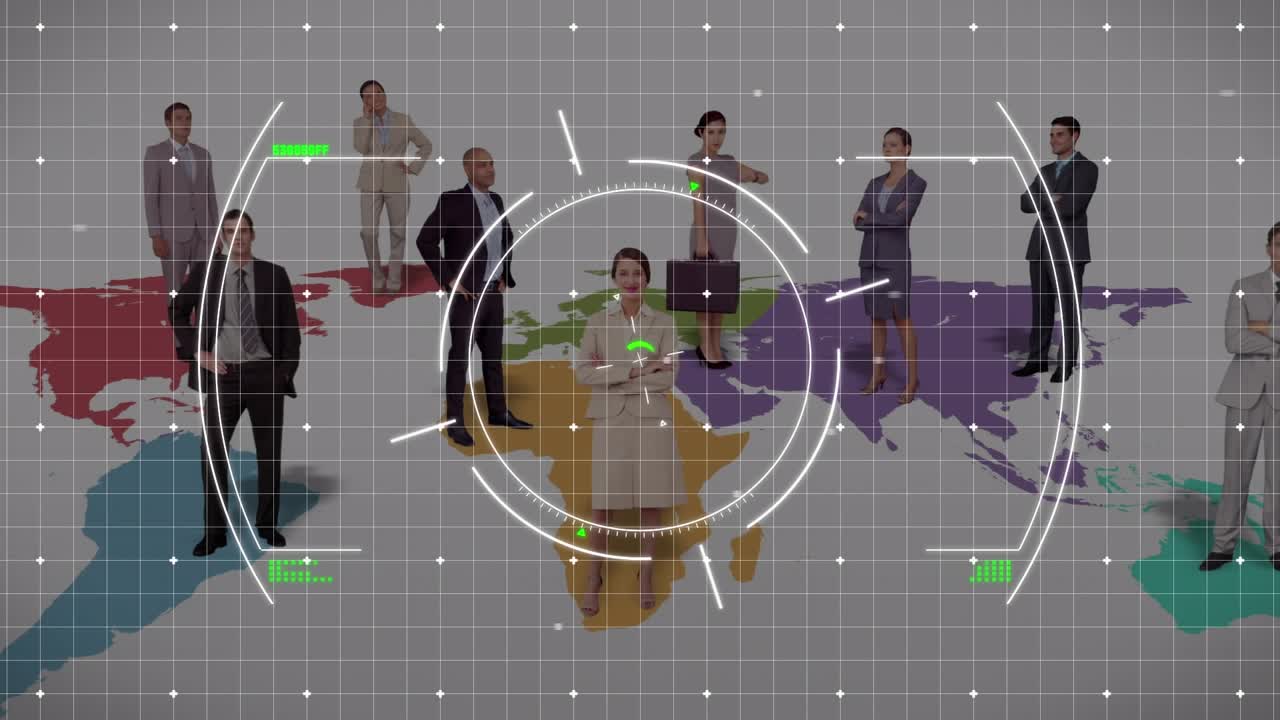 Animation af databehandling over forskellige forretningsfolk og verdenskort