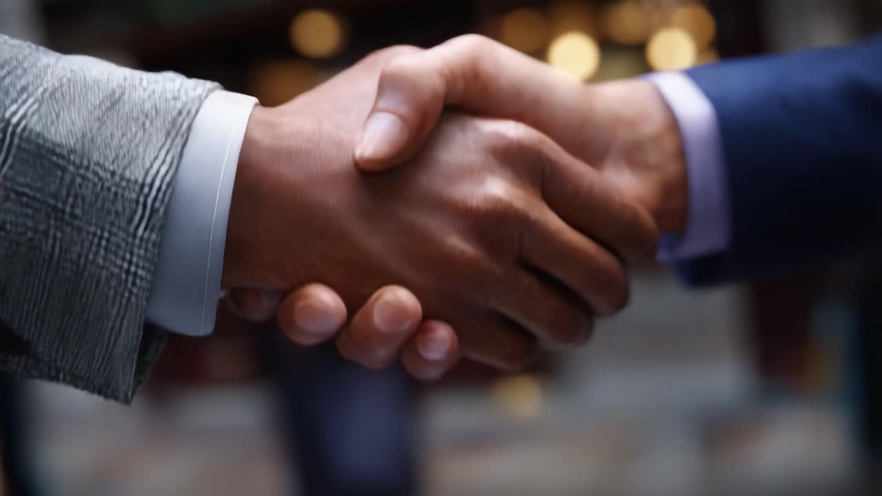 Close-up of Two Hands Engaging in a Firm Handshake, Signifying Agreement, Collaboration, and Professional Commitment in a Business Environment