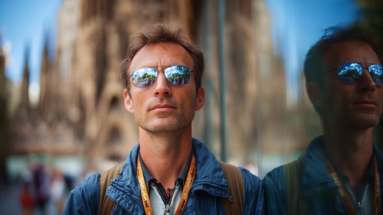 Hombre seguro de sí mismo con gafas de sol delante de un impresionante monumento arquitectónico que se refleja en el cristal, capturando un momento de exploración y aventura urbanas