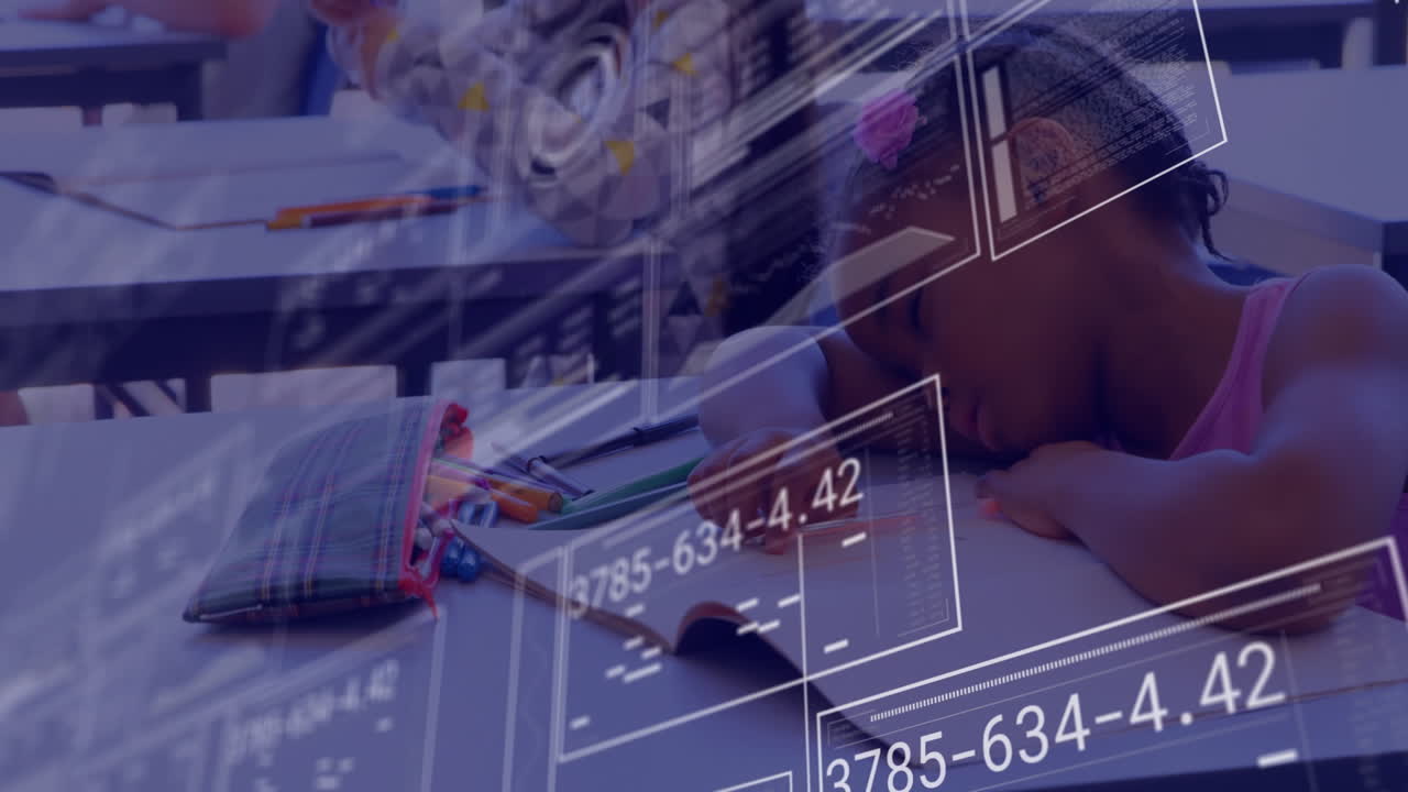 ecuaciones matemáticas y animación de datos sobre niños que estudian en el aula