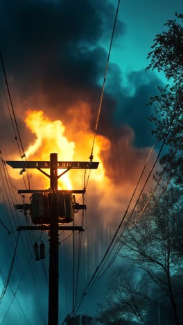 bright explosion illuminates stormy sky near power lines at dusk