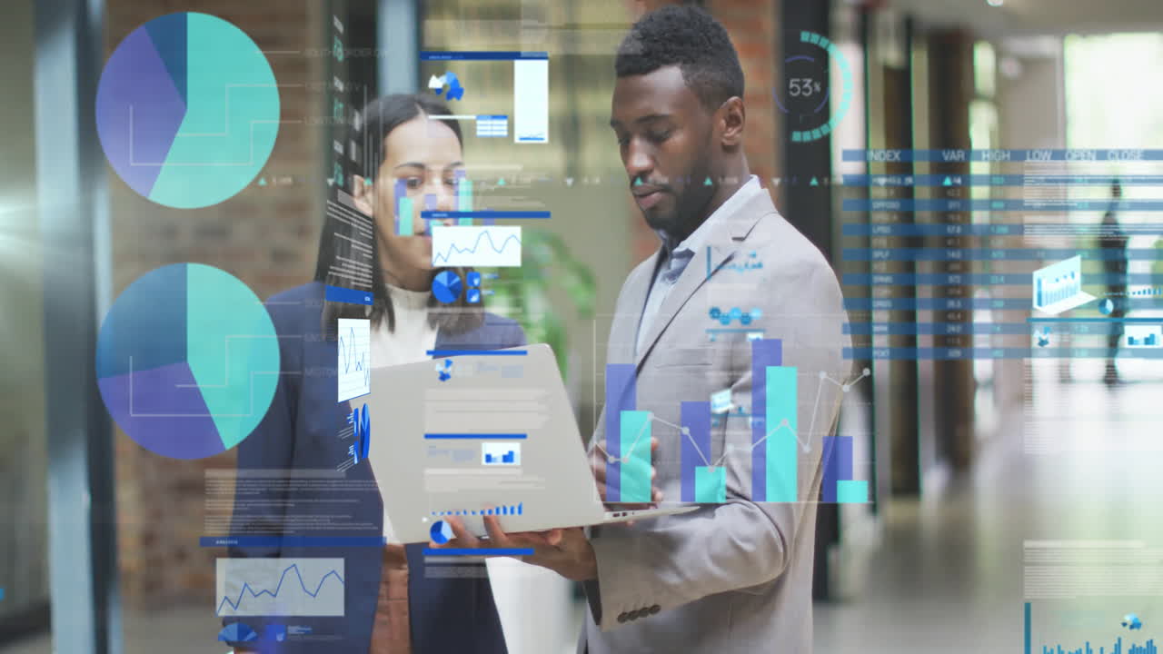 In office, professionals analyzing data charts and graphs for business decisions