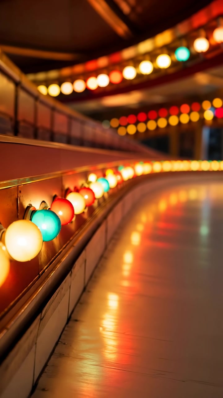 La scena rimane statica in tutti i fotogrammi, non mostrando alcuna azione o movimento visibile in un'ambientazione da parco divertimenti con luci vivaci e multicolori. Una pista interna illuminata a giorno con colori vivaci.