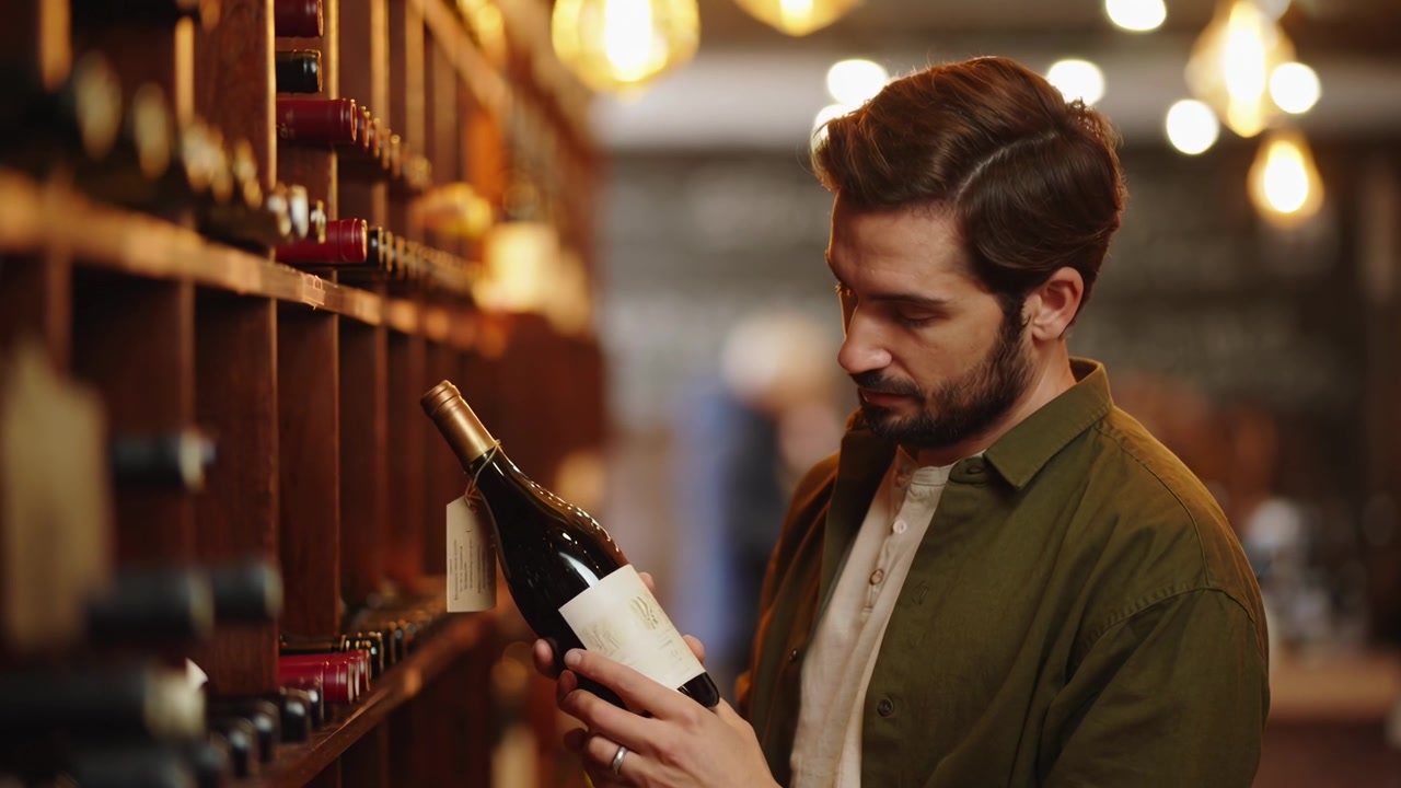 Uomo pensieroso che esamina una bottiglia di vino in un'enoteca