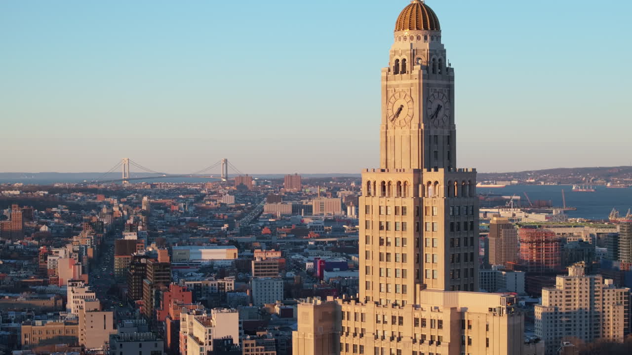 Aerial view of One Hanson Place aka The Brooklyn Clock Tower. Shot at sunrise in Fort Greene.