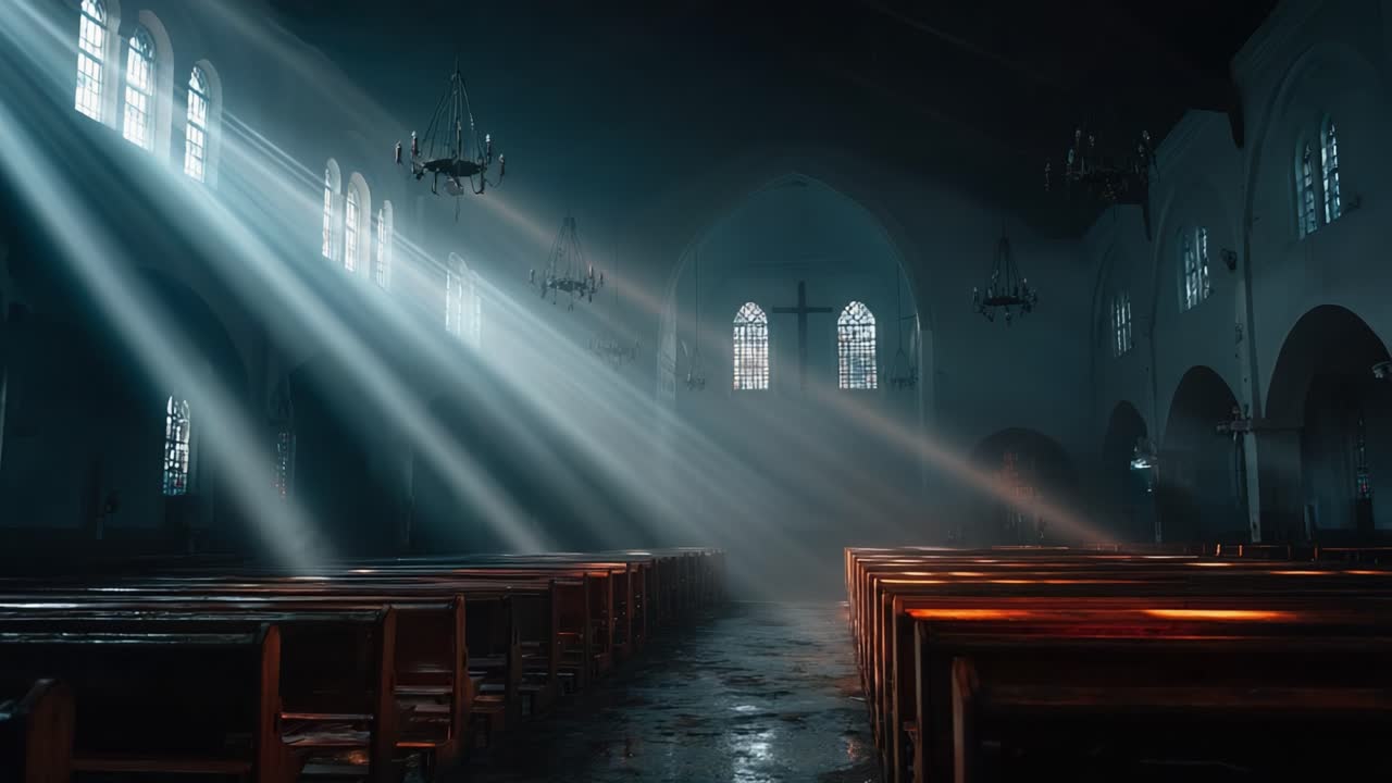 Serene Interior of a Church Bathed in Ethereal Light, Showcasing the Play of Sunbeams through Stained Glass Windows and Illuminating Wooden Benches
