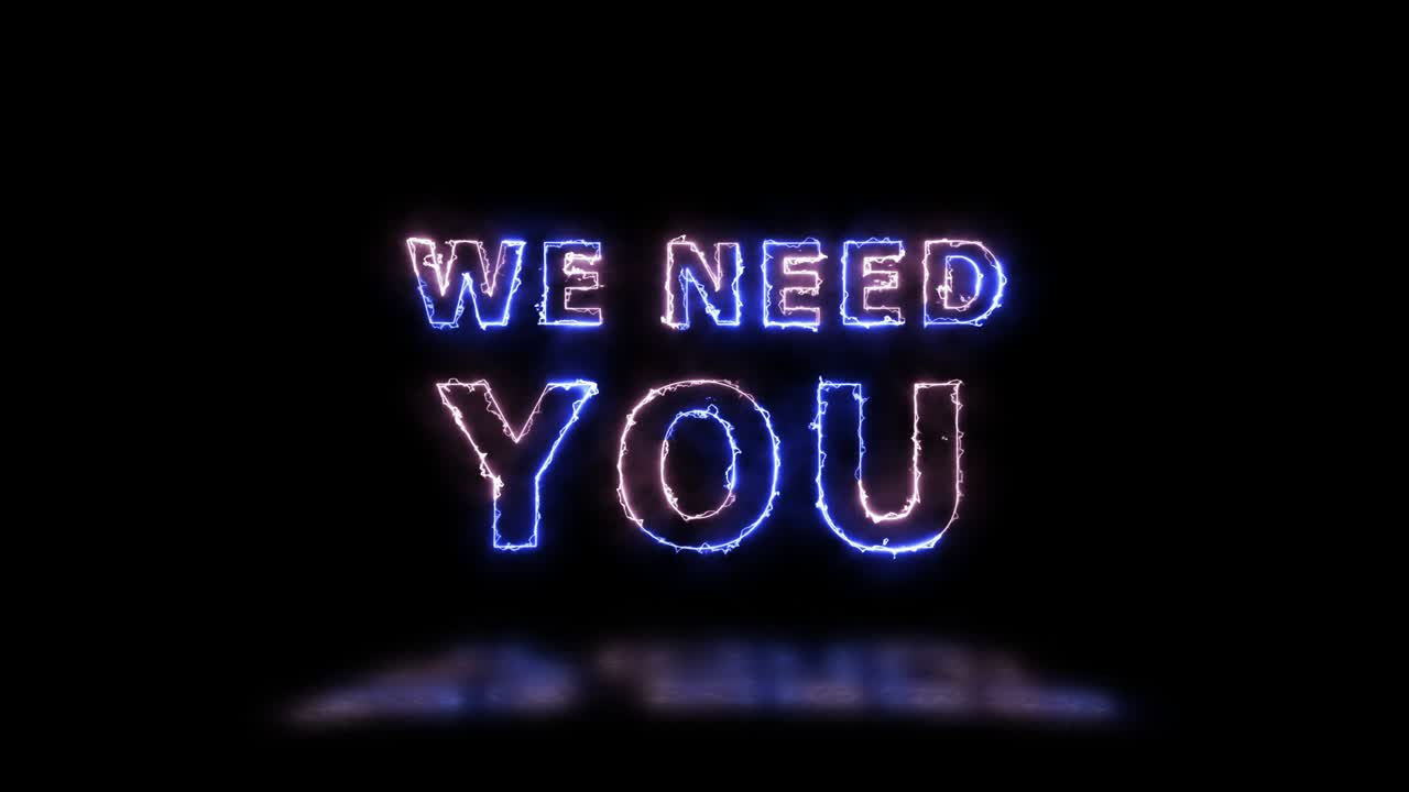 '우리는 당신을 필요로합니다' 분홍색과 파란색 에너지 경계선 표지 표지판에 반사 된 제목 애니메이션 간단한 원활한 루프 애니메이션 텍스트 4k 타이포그래피 모션 그래픽