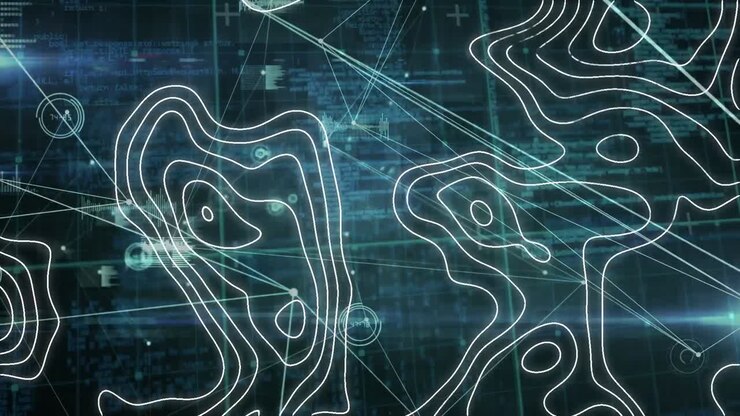 Animation of map lines, network of connections with icons over data processing