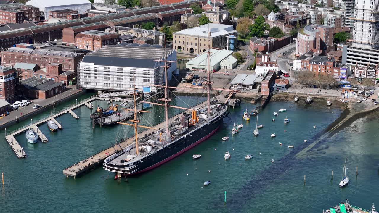 Aerial View of Historic Warship in Portsmouth Dockyard