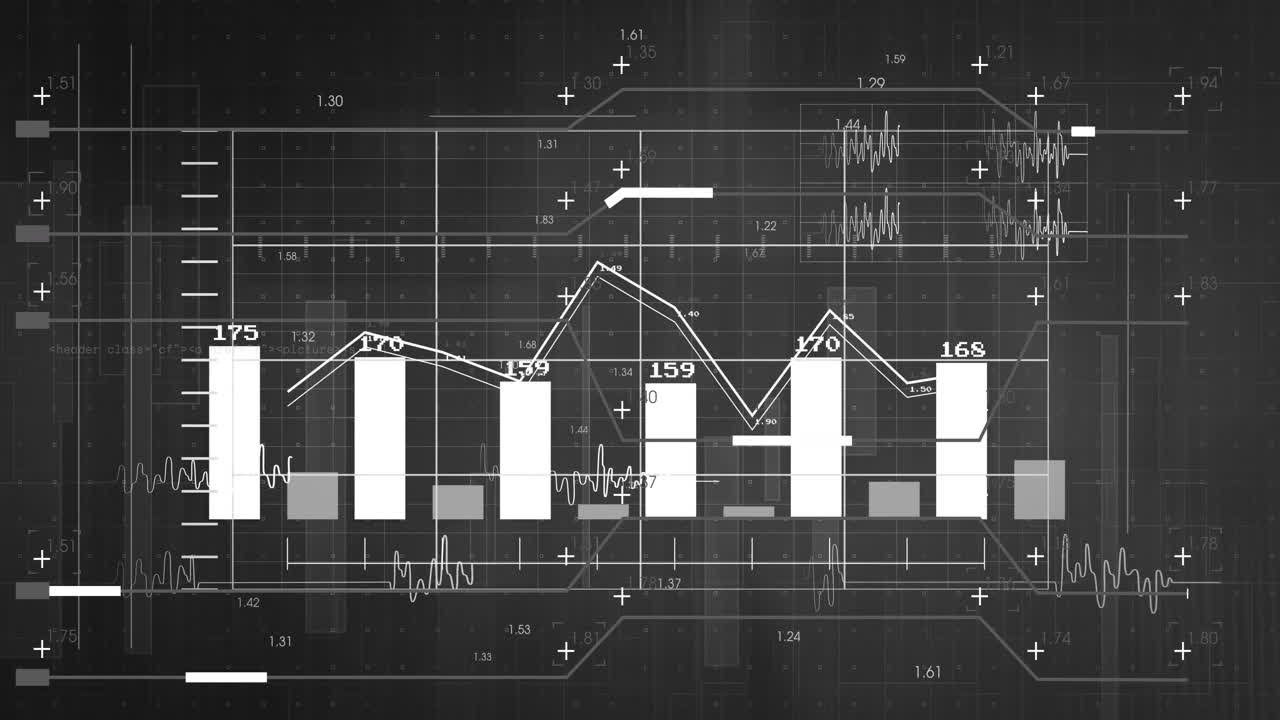 animación de datos financieros y análisis del mercado de valores sobre el fondo de gráficos en blanco y negro