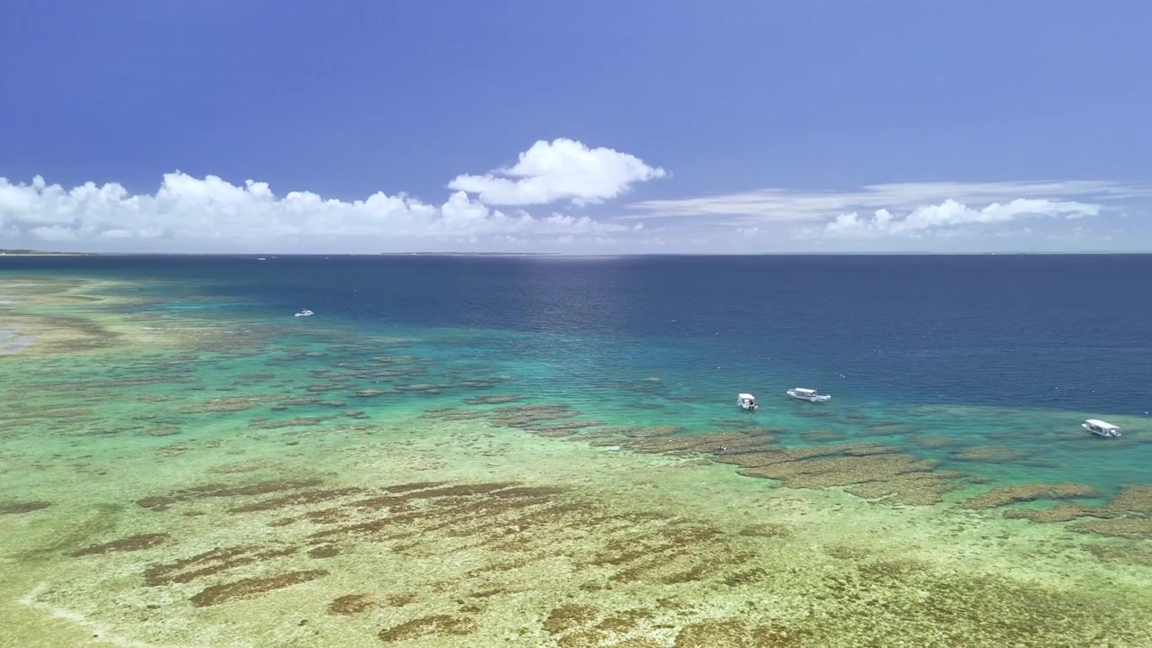 Ampia veduta aerea di estesi sistemi di barriera corallina a Ishigaki con barche turistiche ancorate nelle profonde acque blu del Pacifico.