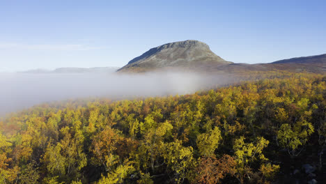 Colores-De-Follaje-Otoñal-Y-Niebla-Matutina-En-árboles-Forestales-Filmados-Desde-El-Aire-En-Kilpisjarvi,-Finlandia