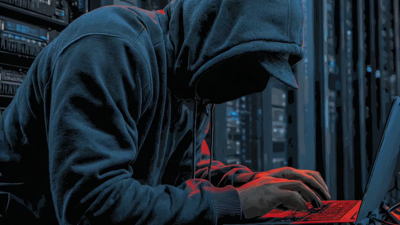 A shadowy figure in a dark hoodie is focused intently on a laptop, surrounded by data servers, highlighting themes of cybersecurity and digital anonymity