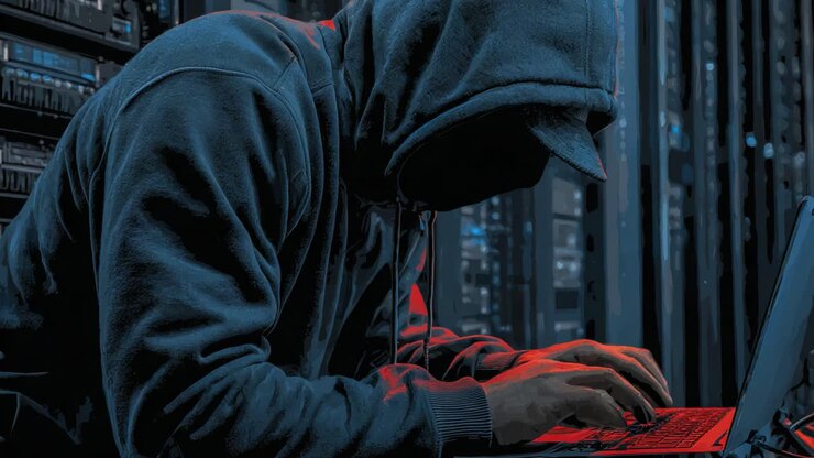 Una figura nell'ombra con una felpa scura con cappuccio è concentrata su un laptop, circondata da server di dati, mettendo in evidenza i temi della sicurezza informatica e dell'anonimato digitale
