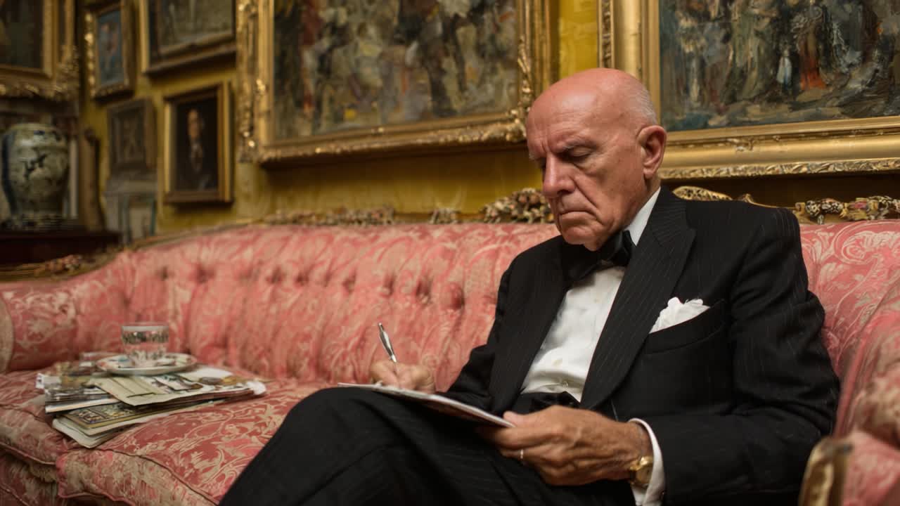 A Distinguished Gentleman in Formal Attire Engaged in Writing Amidst an Elegant Living Room Filled with Artwork and Rich Decor