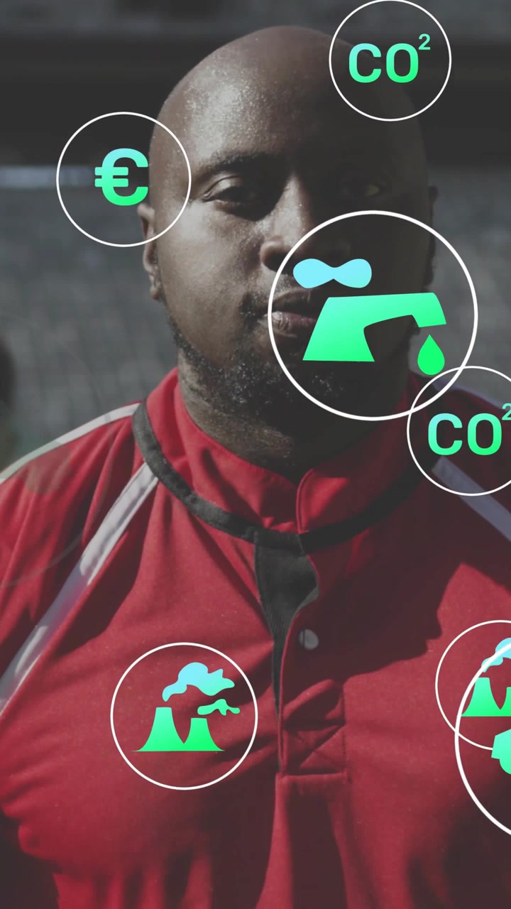 Vertical video: Man in stadium car icon appearing floating over torso showing energy cost