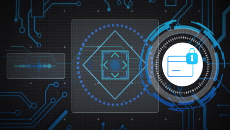 Animation-of-network-and-scanners-with-padlock-bank-card-icon-and-charts-processing-data-on-black