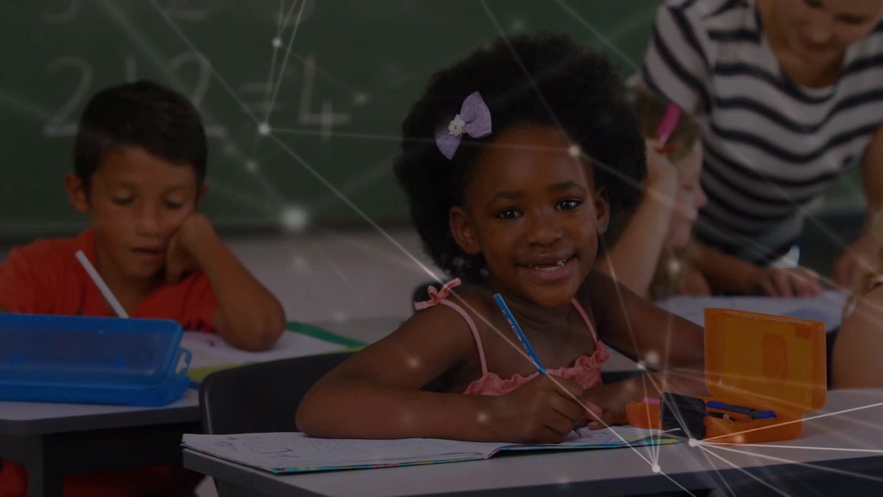 Animazione di rete di connessioni su una ragazza afroamericana in classe