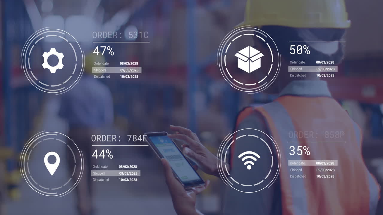 Using tablet with animation, warehouse worker tracking digital orders efficiently