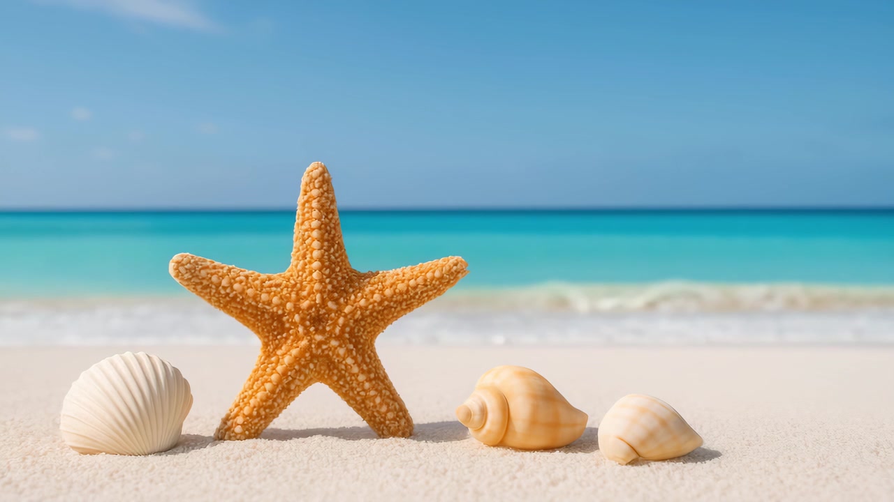 Starfish and Seashells on a Tropical Beach with Gentle Ocean Waves