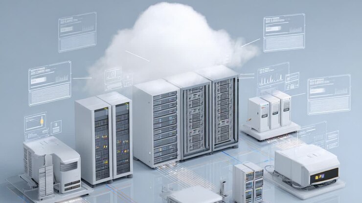 A Dynamic Data Center Landscape Featuring Advanced Server Systems and Cloud Interactivity, Illustrating Modern Technological Infrastructure and Connections
