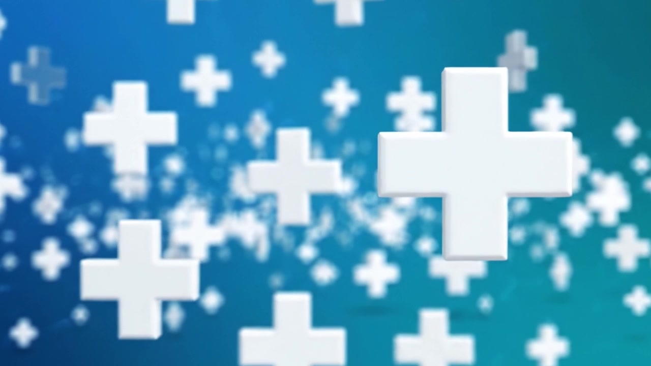 Floating White Plus Signs Against a Vibrant Background with Particle Effects in a Dynamic Visual Composition Representing Positive Themes and Growth